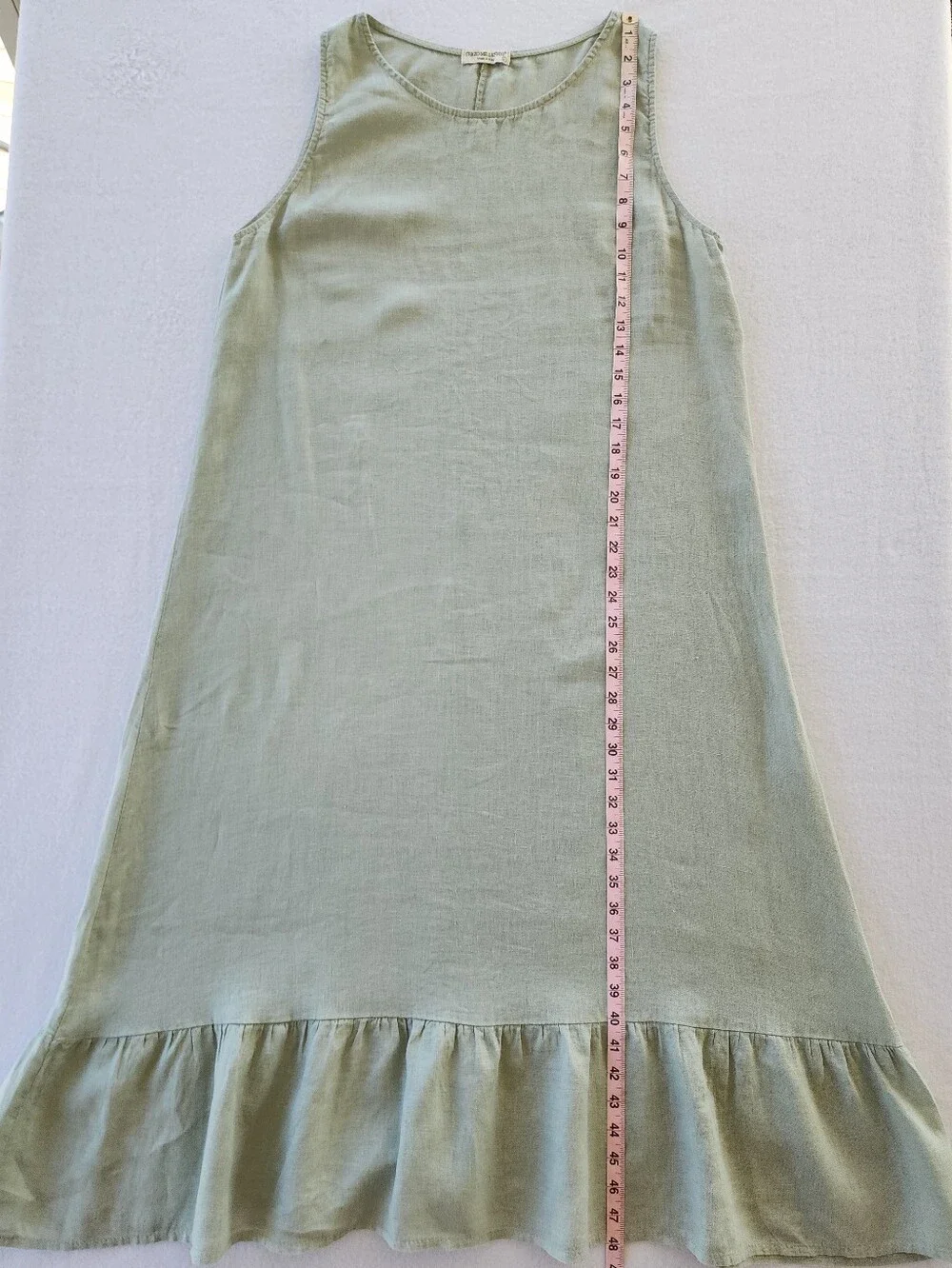 Terzo Millennio Italy 100% Linen Sage Green Sleeveless Ruffle Hem Dress L - Picture 3 of 8
